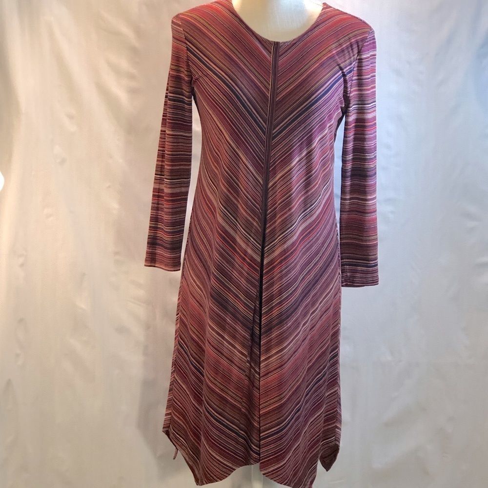 BCBGMaxazria Dress Jersey Long Sleeves Brown Rust Black Diagonal Stripes XS